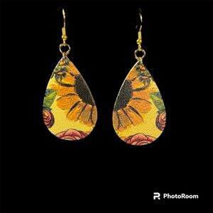 Sunflower Bloom Teardrop Earrings Faux Leather